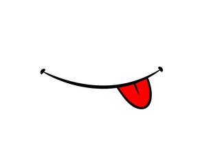 Smile with tongue out, a hand drawn vector doodle of a mouth smile line with red tongue sticking out, isolated on white background.