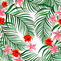 Fototapeten Exotic tropical pattern with strelizia, hibiscus, palm leaves. Summer vector background for fabric, cover,print design. © Logunova  Elena