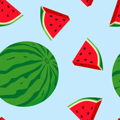 Seamless pattern with the image of watermelons on a blue background. Texture for decorating napkins, kitchen towels, wrapping paper and fabrics.
