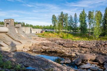 View of The Imatrankoski rapid (The Imatra Rapid) and the hydroelectric powerplant dam in summer, Vuoksi River, Imatra, Finland