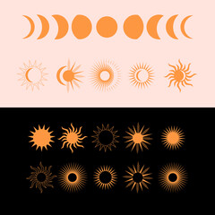 Vector collection of moon, sun and stars, in boho style