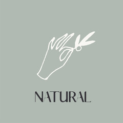 Hand with branch, linear style. Vector logo