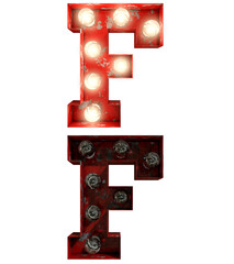 Old Rusty Red Light Bulb Typeface Text in tow different states, with light on and light off  F