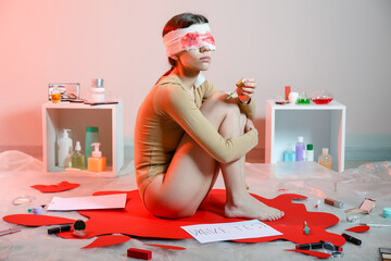 Young woman with cosmetics in laboratory. Stop animal testing