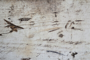 Defocus white painted old wooden texture. Peeling paint background. White wood paneling texture background. Deep vintage scratches. Worn board surface. Out of focus