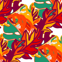 Fototapeta na wymiar Creative seamless pattern with abstract tropical leaves. Hippie style. Colorful spring or summer background. Trendy botanical swimwear design. Fashion print for textile. 