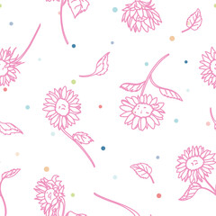 Vector Pink Sunflower Lineart with Colorful Confetti seamless pattern background. Perfect for fabric, scrapbooking and wallpaper projects.