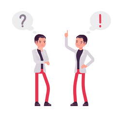 Smart businessman, entrepreneur, business manager, exclamation, question mark bubble. Office worker professional look, casual attire. Vector flat style cartoon illustration isolated, white background