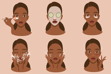 Beautiful girl cleansing and caring for her face with various actions, face, treatment, beauty, healthy, hygiene, lifestyle, female vector drawing isolated on white background.