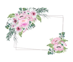 Watercolor vintage pink flowers bouquet and green leaves at the corner of double wire rectangular frame greeting card template