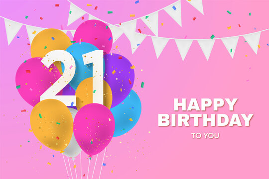 Happy 21th birthday balloons greeting card background. 21 years anniversary. 21th celebrating with confetti. Illustration stock