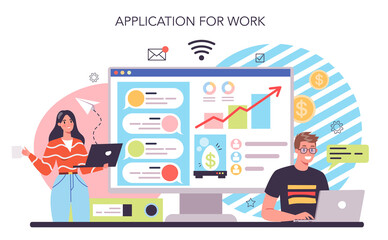 Business incubator online service or platform. Business people