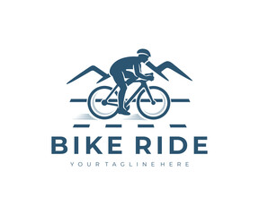 Cycling, bike ride, man on bike and mountains, logo design. Cyclist, bike cyclist, bicycle, cycle or velocipede, vector design and illustration