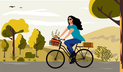 girl rides a bicycle. Landscape, active lifestyle. Poster, placard, banner. Flower in a pot. Brunette. Walk in nature. Weekend. Stock vector illustration, isolated on white background. Eco transport