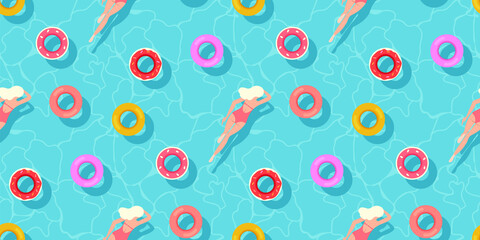 Beauty  woman swimming in sea, ocean or swimming pool seamless pattern with inflatable life ring, floating buoy in wavy water. Summer vacation background