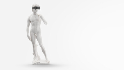 VR headset, future technology concept banner. 3d render of the white statue, man wearing virtual reality glasses on white background. VR games. Thanks for watching