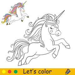 Obraz na płótnie Canvas Cartoon running unicorn coloring for kids vector