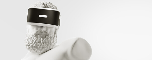VR headset, future technology concept banner. 3d render of the white statue, man wearing virtual reality glasses on white background. VR games. Thanks for watching