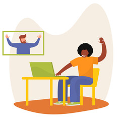 Vector flat concept with laptop and african american man on screen at home recording video on webcam. Remote work by bloggers, podcast hosts, teachers using online stream servises in quarantine time