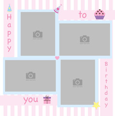 Happy Birthday photo frame and postcard with a celebratory cap and cupcake. Colorful polka dots in pastel colors background. Template for children's photo album or postcard. Vector illustration
