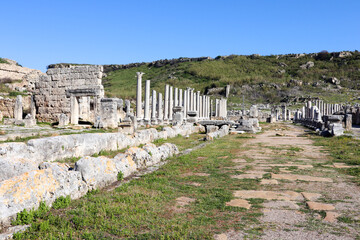 beautiful colonnade on the street of ancient ruined city Perge, near Antalya