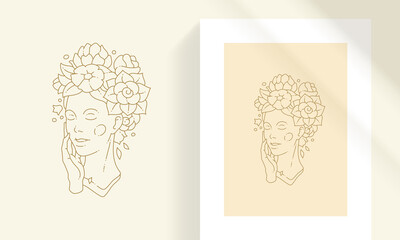 Beauty female with flower wreath on head line art style vector illustration.