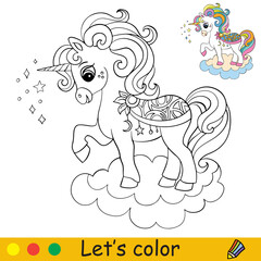 Cute beautiful cartoon unicorn on a cloud coloring