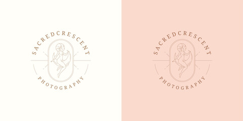 Magic female on moon crescent logo emblem design template vector illustration in minimal line art style
