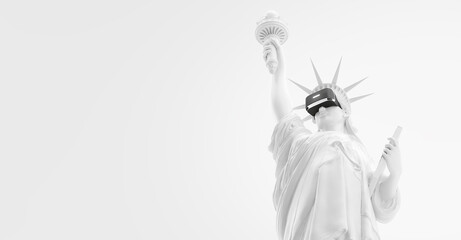 VR headset, future technology concept banner. 3d render of the white statue of Liberty, usa, woman wearing virtual reality glasses on white background. VR games. Thanks for watching © matrosovv
