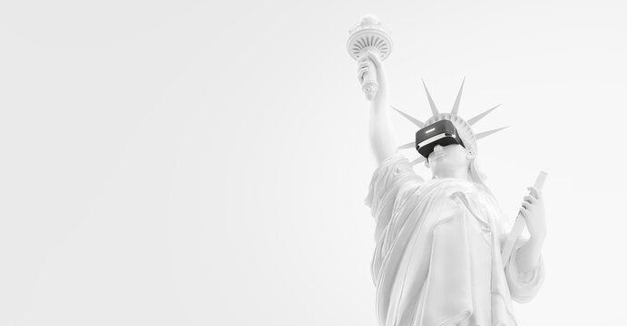 VR headset, future technology concept banner. 3d render of the white statue of Liberty, usa, woman wearing virtual reality glasses on white background. VR games. Thanks for watching