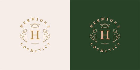 Elegant flowers and royal crown logo template linear vector illustration