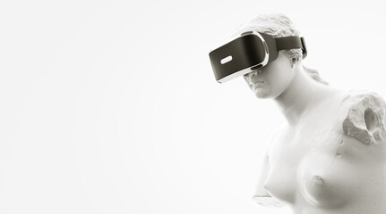 VR headset, future technology concept banner. 3d render of the white statue, woman wearing virtual reality glasses on white background. VR games. Thanks for watching