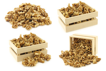 fresh peeled walnuts in a wooden box on a white background