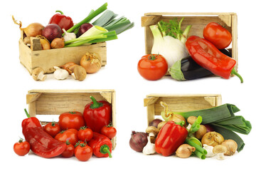 assorted vegetables in a wooden crate on a white background
