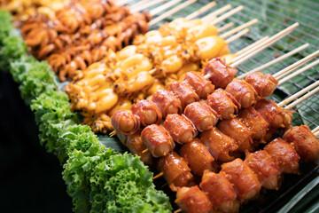 Fried sausage skewers street food famous of Thailand