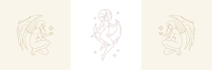 Magic female creatures and wings with woman on moon in boho linear style vector illustrations set