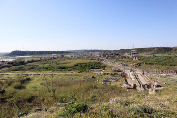 Aerial panoramic view of ancient city Perge, near Antalya, Turkey in sunny spring day