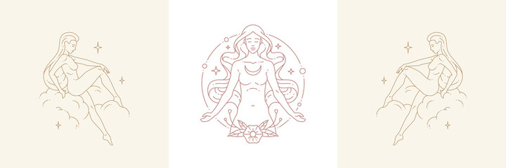 Magic female creature and woman on cloud in boho linear style vector illustrations set.