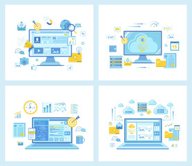 Social Media Content Strategy, Marketing. Cloud Security, Cloud Computing, Data Protecting   Hosting. SEO Management. Set of  flat vector illustrations. Concept for websites.