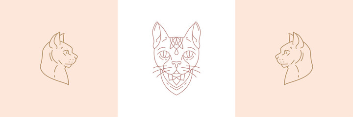 Fototapeta na wymiar Mythology ancient cat in boho linear style vector illustrations set.