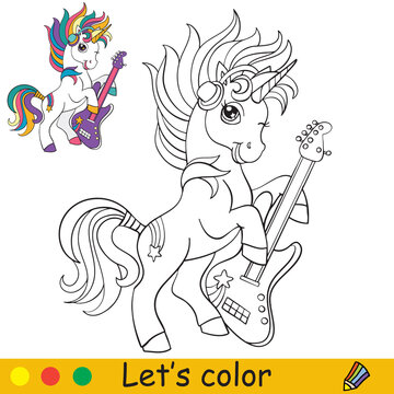 Cute and cool cartoon unicorn with a guitar
