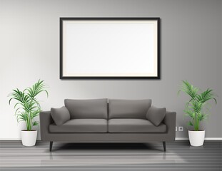 3d realistic vector living room interior with picture frame,  sofa floor pots.