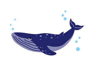 Whale. Stylized dark blue character with air bubbles. Cartoon hand drawn illustration of cute ocean animal, marine mammal. Childish t shirt print, poster. Flat isolated vector clipart white background