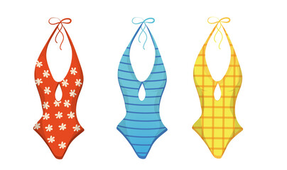 Summer beach swimsuit. Colorful swimsuits in different colors. Swimsuits on a white background. Vector illustration in cartoon style. Design element, print, print.