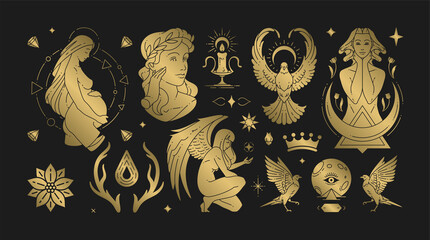 Magic woman boho vector illustrations of graceful feminine women and esoteric symbols set