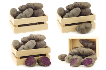 purple truffle potatoes and a cut one in a wooden crate on a white background