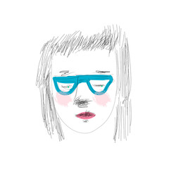 Teenage tween hipster girl woman with glasses specs spectacles bright lipstick. Quirky edgy cool fringe hairstyle young moody intellectual fashionista student portrait illustration lgbtq mental health