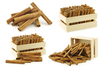 dried cinnamon sticks and some in a wooden box on a white background