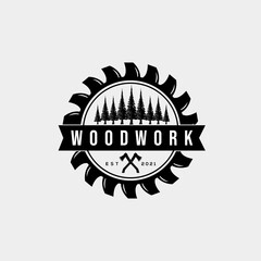 woodwork carpentry company vintage badge logo template vector illustration design. simple hipster carpenter, joinery, sawmill emblem logo concept