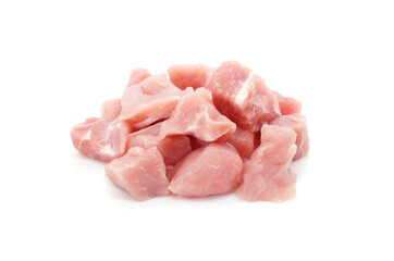 Pieces of pork fillets isolated on white background. Small pieces of raw meat. Side view.
